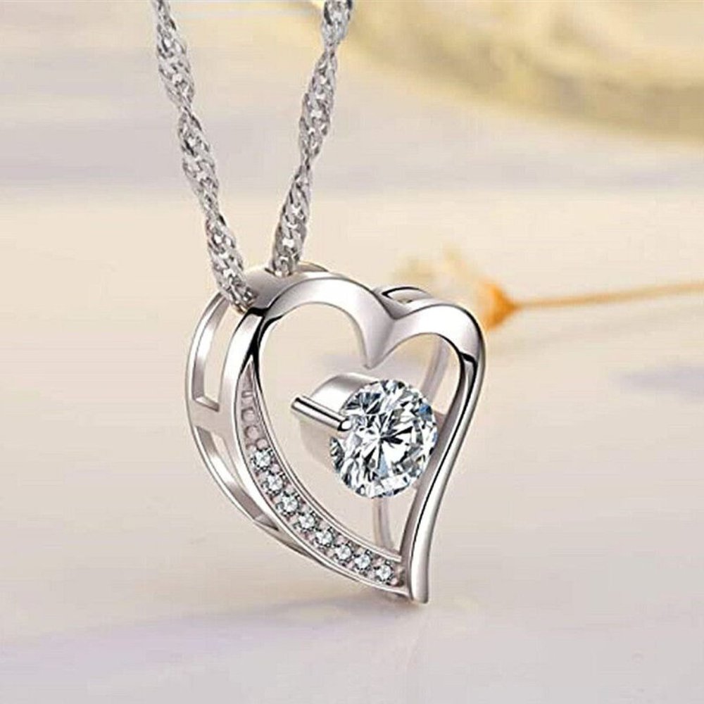 New 925 Sterling Silver Diamond Open Heart Necklace